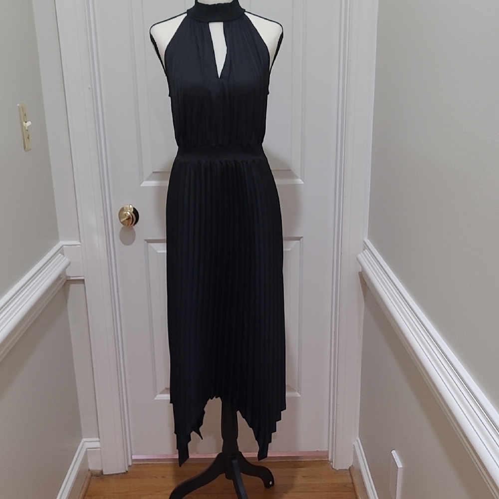 Anrabess Elegant Black Halter Pleated Midi Dress - Size L